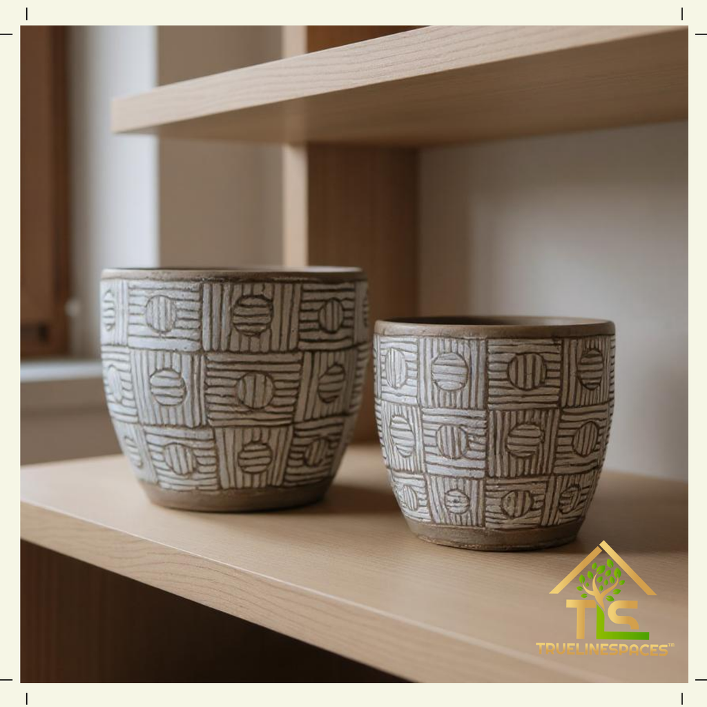 Decorative Geometric Cement Planter Pots, 14.1 x 12.4 cm, Set of 2, Indoor Plant Containers with Drainage