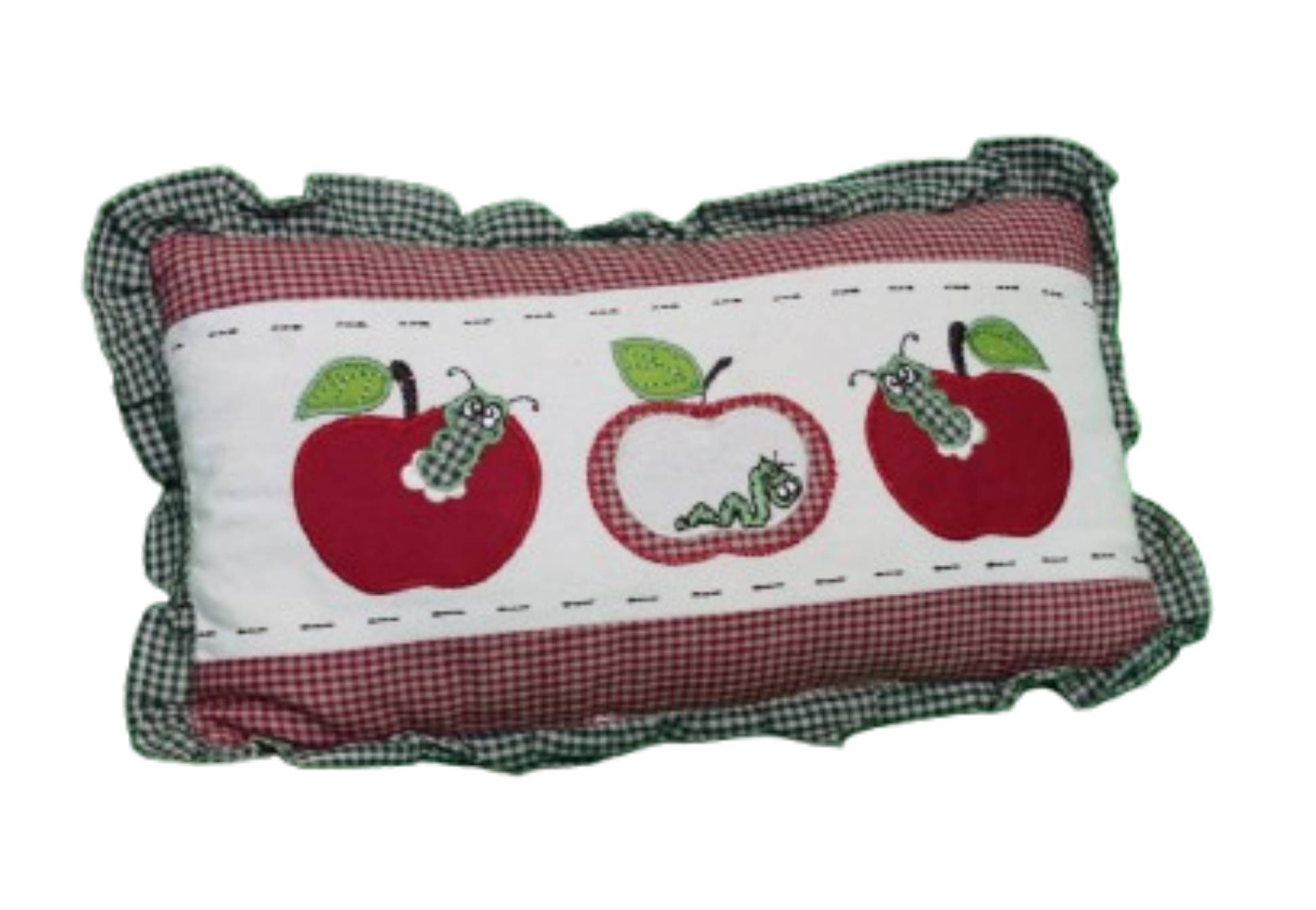 Country Style Apple Decorative Throw Pillow, 6 x 12 in, Farmhouse Embroidered Lumbar Cushion, Green and Red Gingham Trim