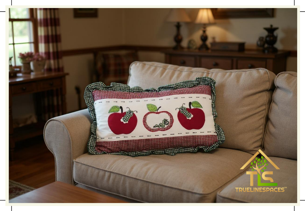 Country Style Apple Decorative Throw Pillow, 6 x 12 in, Farmhouse Embroidered Lumbar Cushion, Green and Red Gingham Trim