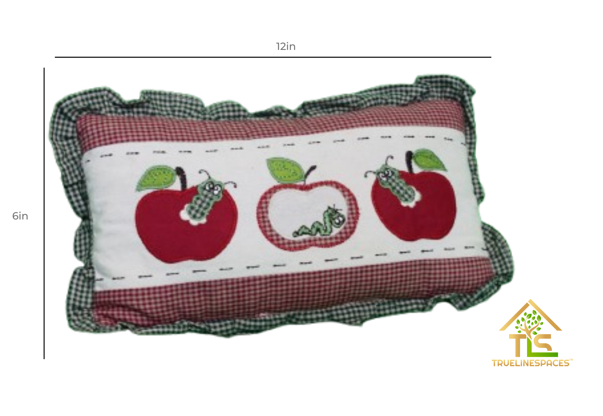 Country Style Apple Decorative Throw Pillow, 6 x 12 in, Farmhouse Embroidered Lumbar Cushion, Green and Red Gingham Trim