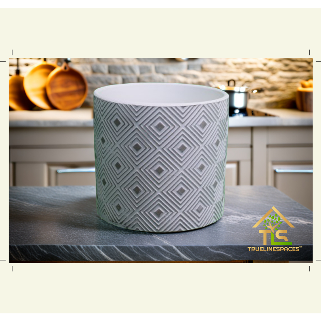 TrueLineSpaces Modern Geometric Planter, Grey Cement Indoor Container, Diamond Pattern, Cylindrical Succulent Pot, 4.87 x 5.31 Inches | TrueLineSpaces