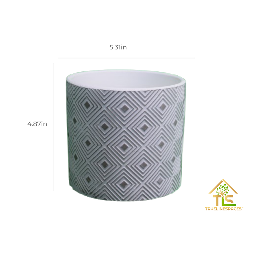TrueLineSpaces Modern Geometric Planter, Grey Cement Indoor Container, Diamond Pattern, Cylindrical Succulent Pot, 4.87 x 5.31 Inches | TrueLineSpaces