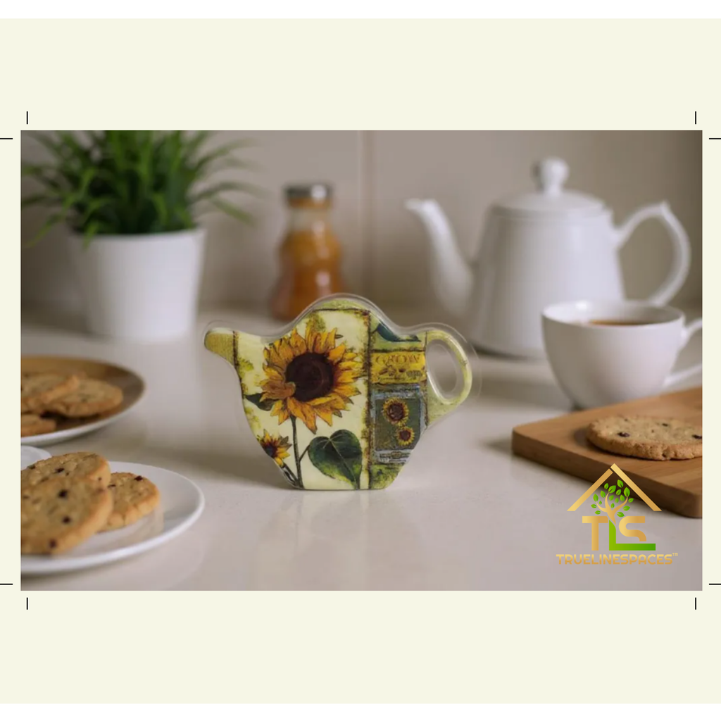 Ceramic Serving Tray White with Sun Flower Design Rectangular Decorative Platter for Tea Dessert Appetizer 4.37 x 7.25 Inch Including Teapot-Shaped Ceramic Spoon Rest 3 x 3.75 Inch | TrueLineSpaces