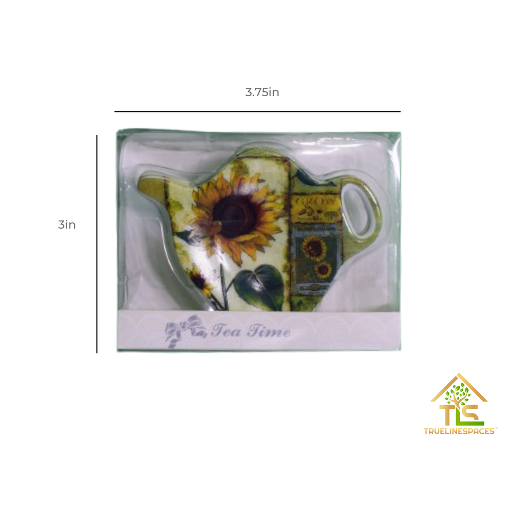 Ceramic Serving Tray White with Sun Flower Design Rectangular Decorative Platter for Tea Dessert Appetizer 4.37 x 7.25 Inch Including Teapot-Shaped Ceramic Spoon Rest 3 x 3.75 Inch | TrueLineSpaces