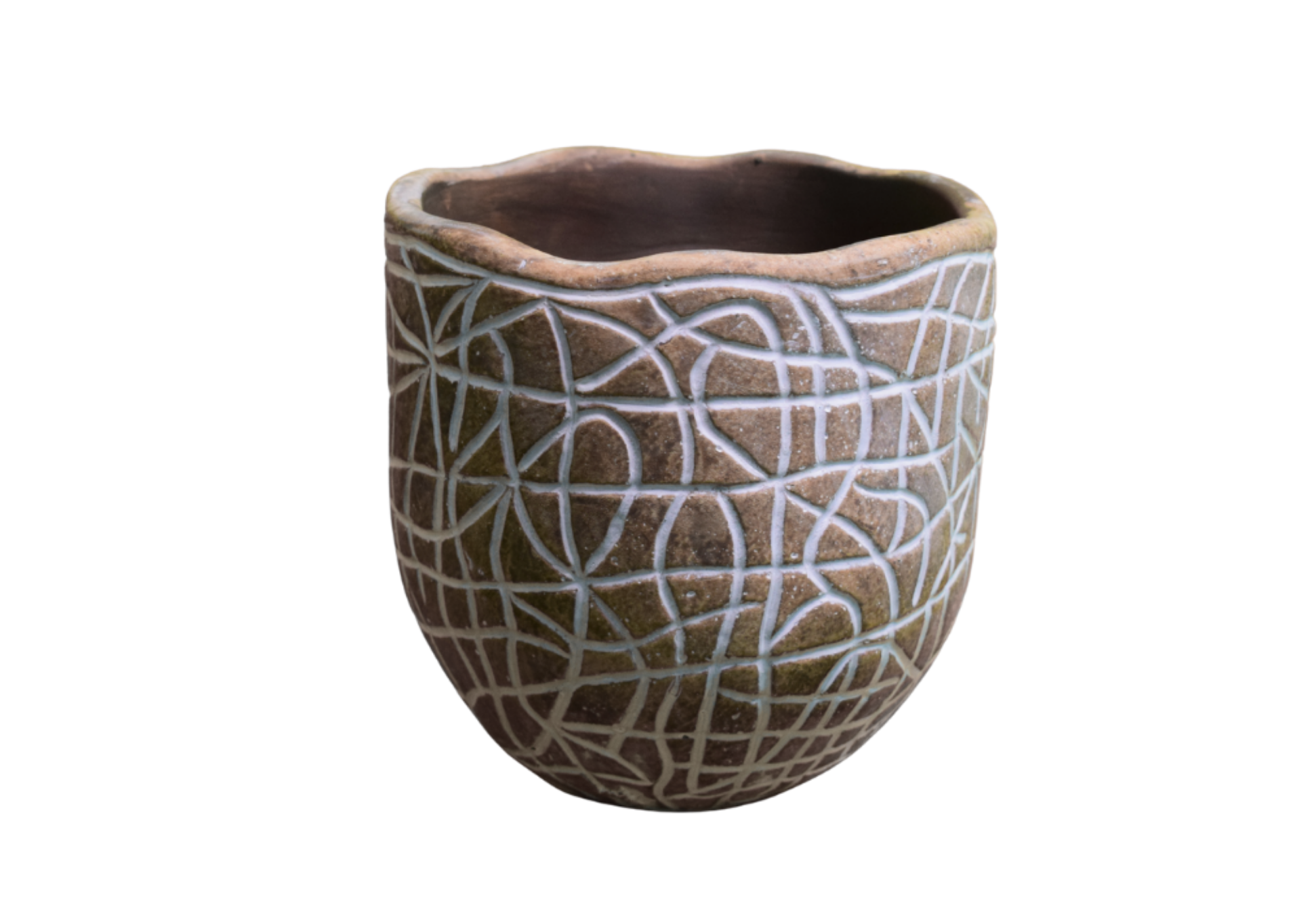 Decorative Clay Planter, Brown Pottery Container with Geometric Pattern, 5.25 x 12 Inches, Indoor Outdoor Use for Succulents, Cactus and Herbs, Country Rustic Style | Truelinespaces