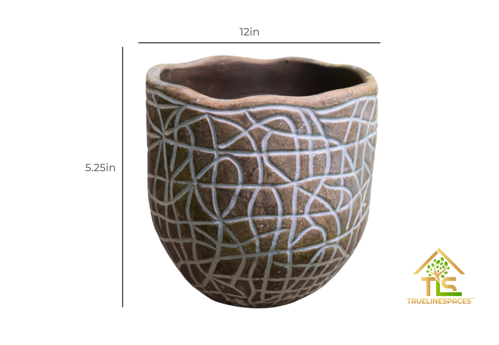 Decorative Clay Planter, Brown Pottery Container with Geometric Pattern, 5.25 x 12 Inches, Indoor Outdoor Use for Succulents, Cactus and Herbs, Country Rustic Style | Truelinespaces