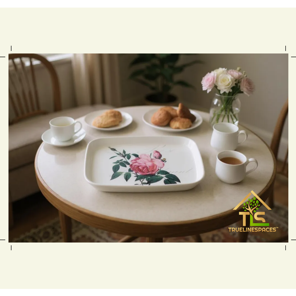Ceramic Serving Tray, White with Pink Rose Design, Rectangular Decorative Platter for Tea, Dessert, Appetizer, 4.37 x 7.25 Inch | TrueLineSpaces