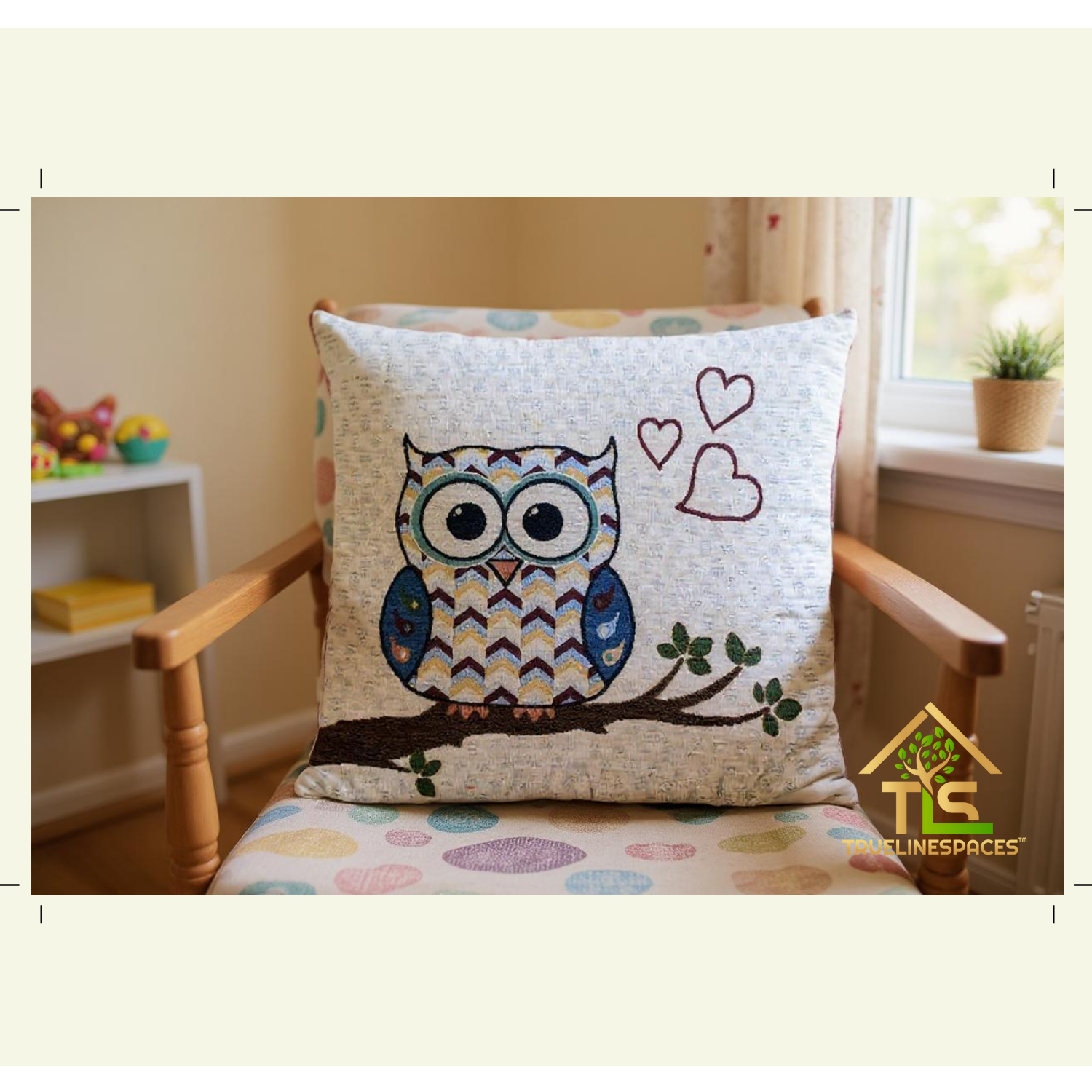 Decorative Owl Pillow Cover, 18x18 Inch Linen Cushion Case with Zipper, Embroidered Animal Design for Kids Room, Nursery, Living Room | TrueLineSpaces