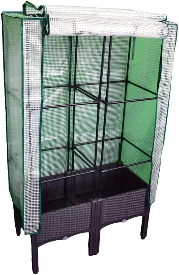 Plastic Raised Garden Bed with Trellis and PE Greenhouse Cover for Climbing Plants, Herbs and Vegetables, 15.7" x 15.7" x 48.8", Brown, from TrueLineSpaces