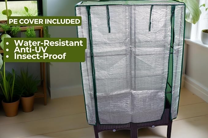 Plastic Raised Garden Bed with Trellis and PE Greenhouse Cover for Climbing Plants, Herbs and Vegetables, 15.7" x 15.7" x 48.8", Brown, from TrueLineSpaces