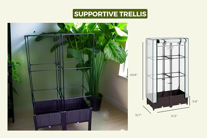 Plastic Raised Garden Bed with Trellis and PE Greenhouse Cover for Climbing Plants, Herbs and Vegetables, 15.7" x 15.7" x 48.8", Brown, from TrueLineSpaces