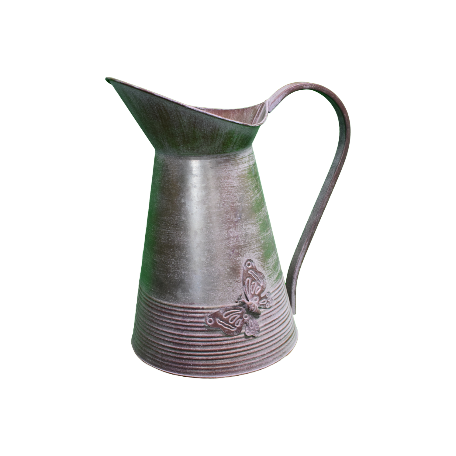Vintage Farmhouse Metal Pitcher Vase, Embossed Butterfly Design, 28 cm Tall, Rustic Grey, French Country Decor