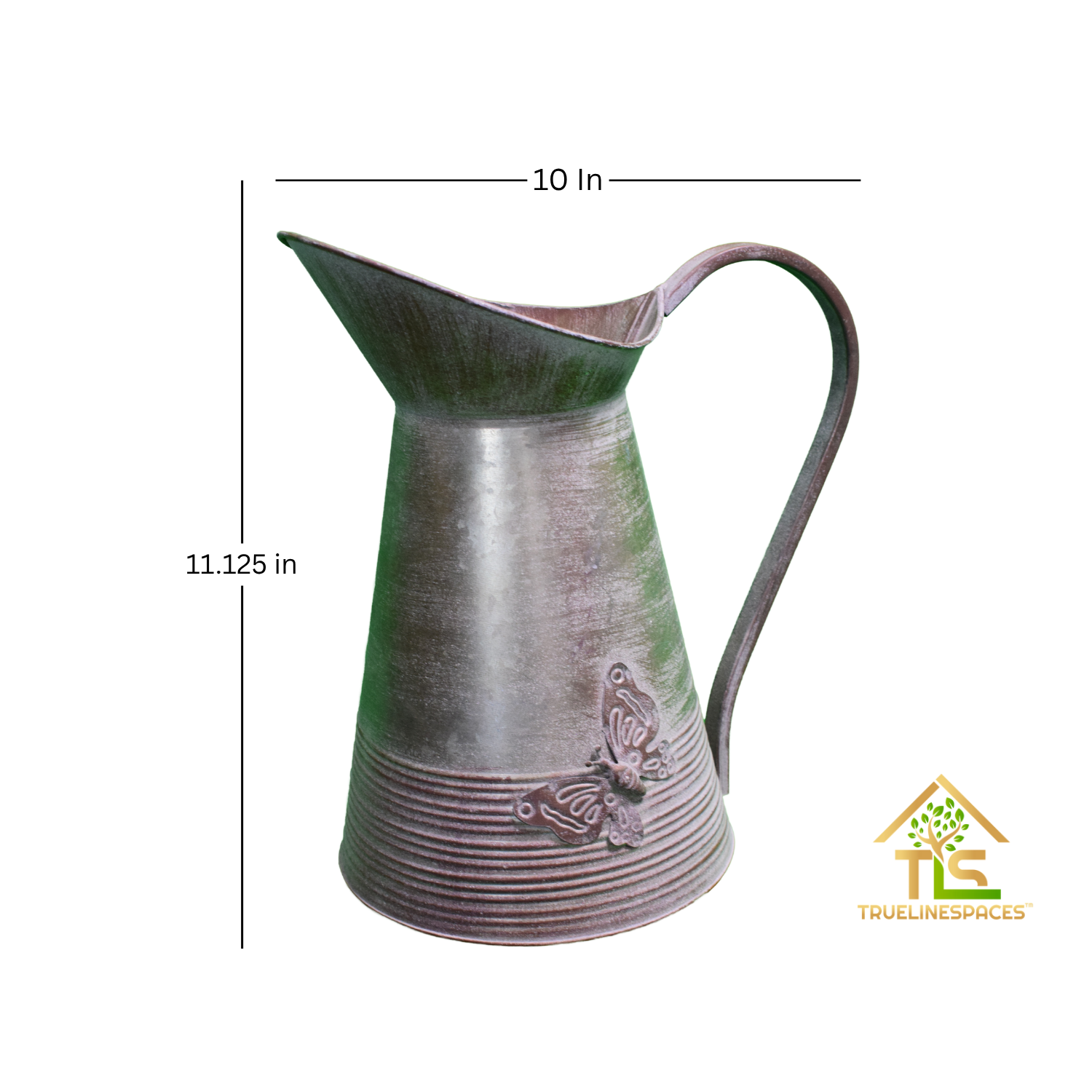 Vintage Farmhouse Metal Pitcher Vase, Embossed Butterfly Design, 28 cm Tall, Rustic Grey, French Country Decor